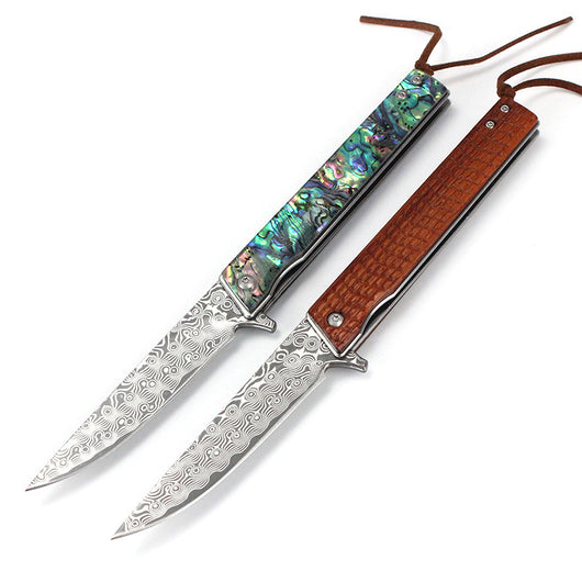Cuchillo Portátil Damasco con Pluma y Mango de Concha - Outdoor - Image 4