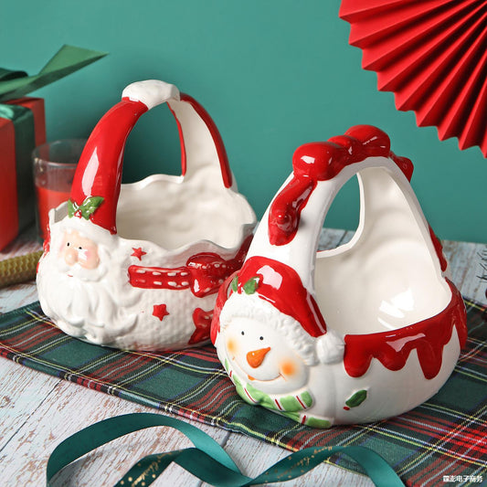 Cesta de Cerámica Pintada a Mano con Papá Noel en Relieve