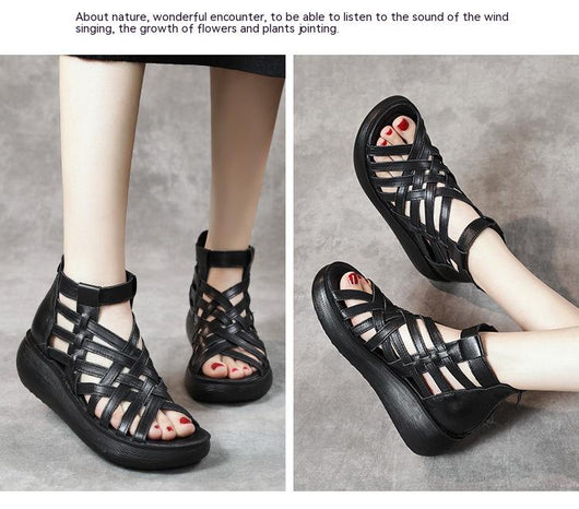Sandalias Étnicas Retro con Cuña - Botas Tipo Sandalia de Cuero Genuino para Mujer - Image 25