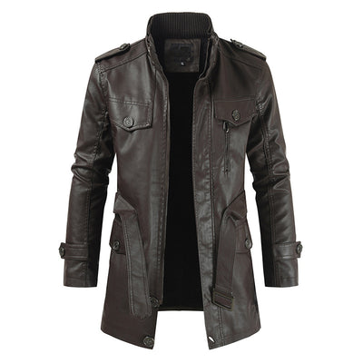 Abrigo Trench de Cuero con Cuello Mao y Forro de Terciopelo para Hombre - Image 7