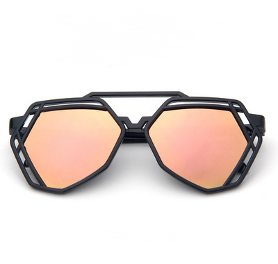 Black geometric cut-out sunglasses with blue mirrored lenses, shown from front and side angles. - Image 8