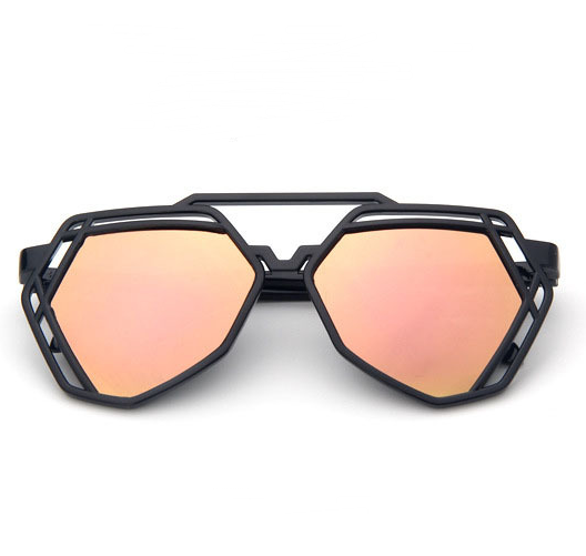 Black geometric cut-out sunglasses with blue mirrored lenses, shown from front and side angles. - Image 8