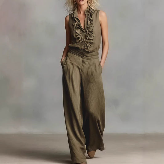Conjunto Elegante de Lino: Blusa sin Mangas y Pantalón de Pierna Ancha