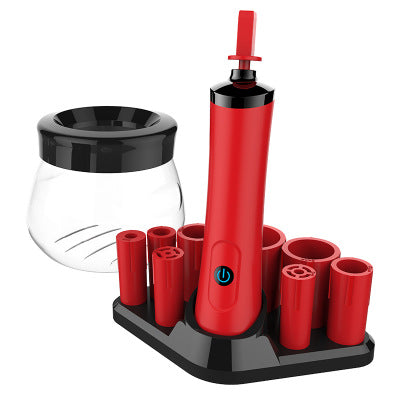 Black electric makeup brush cleaner set with a clear bowl, a handheld device, and a base with multiple brush holders. - Image 3