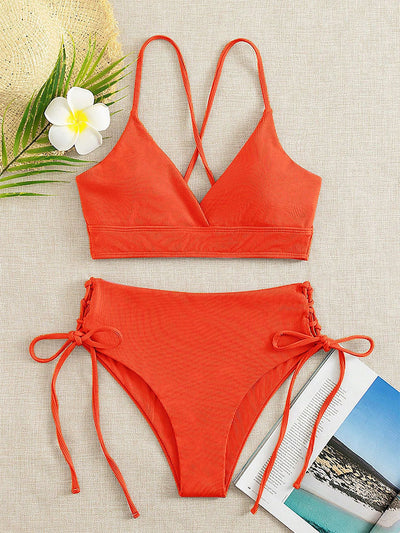 Light green ribbed bikini set with a V-neck bralette top and high-waisted bottoms featuring side tie details. - Image 13