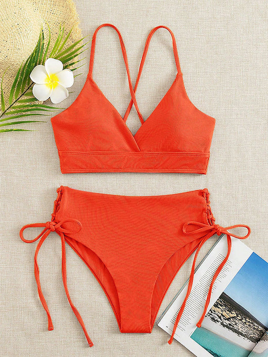 Light green ribbed bikini set with a V-neck bralette top and high-waisted bottoms featuring side tie details. - Image 13