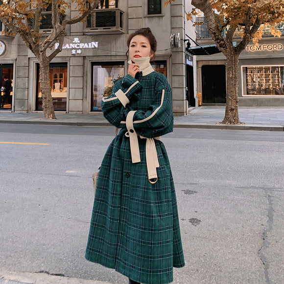 Chaqueta Larga de Lana con Cuadros Retro para Mujer