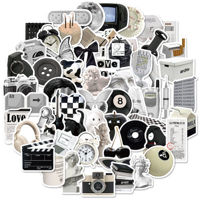 61 black and white aesthetic stickers featuring various objects like cameras, cats, skulls, and text for personalization. - Image 3