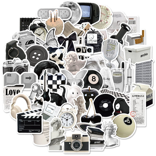61 black and white aesthetic stickers featuring various objects like cameras, cats, skulls, and text for personalization. - Image 3