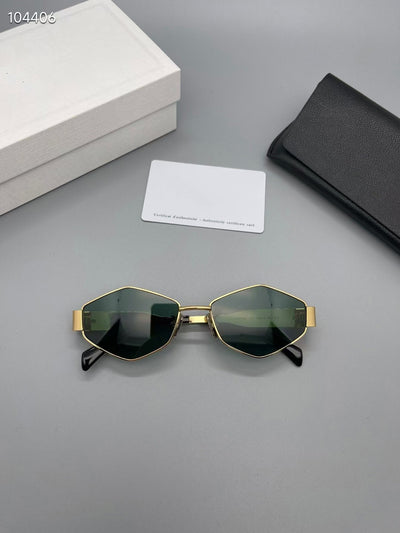 Gold metal polygon sunglasses with dark lenses, displayed with a white authenticity card and black case. - Image 9