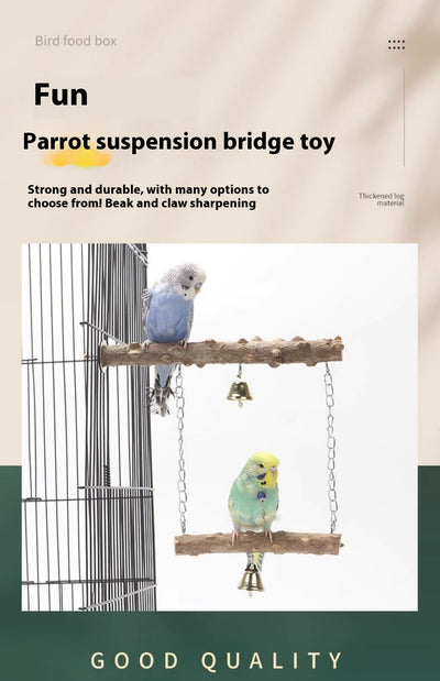 Colorful parrot swing toy with a natural wood perch, an arch of multicolored beads, and two small bells. - Image 17