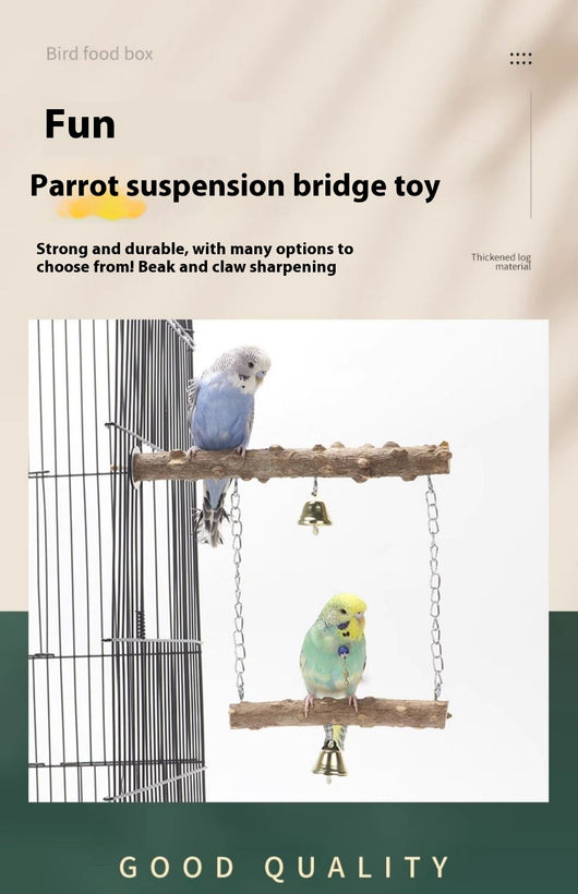Colorful parrot swing toy with a natural wood perch, an arch of multicolored beads, and two small bells. - Image 17