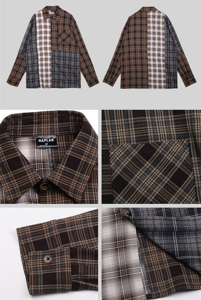 Camisa de Cuadros Patchwork Irregular de Manga Larga - Image 9