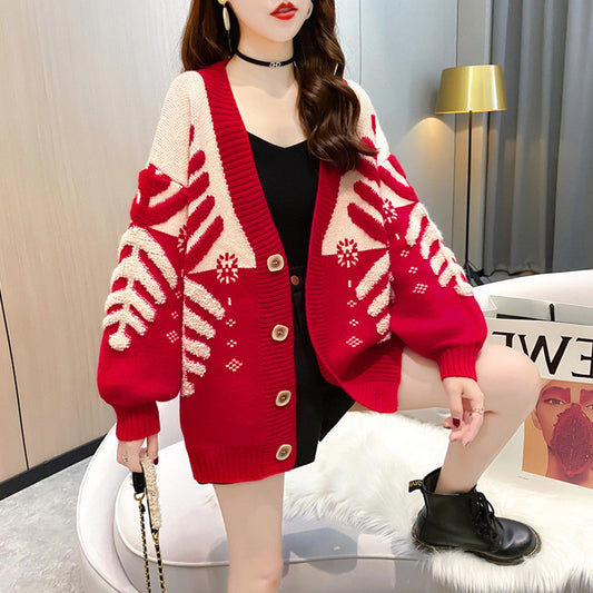 Cardigan Tejido Cuello V Mujer Navideño Copo de Nieve Holgado Estilo Coreano - Image 2