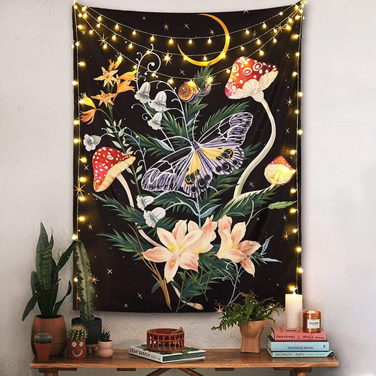 European retro mushroom tapestry with a starry night sky, crescent moon, butterflies, and various colorful fungi and plants. - Image 9