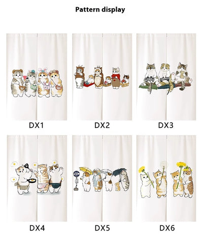 White segmented fabric door curtain with a cartoon design of three cats cooking and surrounded by fried eggs. - Image 7