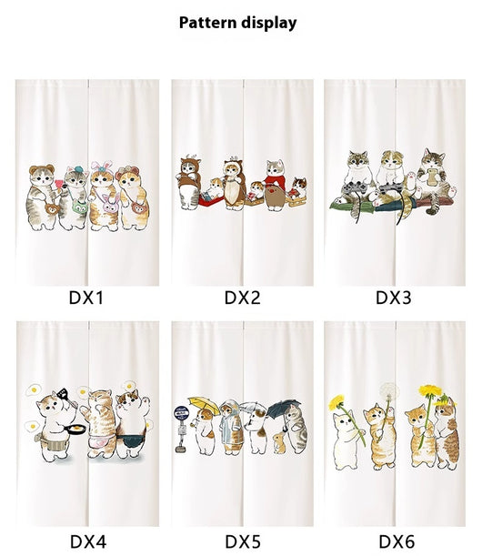 White segmented fabric door curtain with a cartoon design of three cats cooking and surrounded by fried eggs. - Image 7