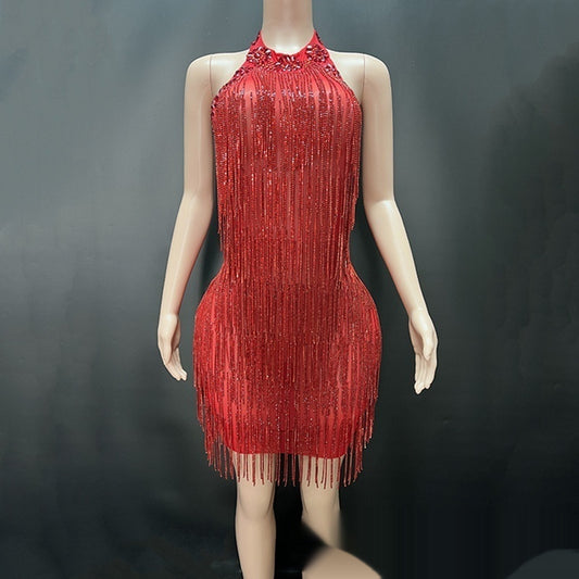 Vestido de Vacaciones Espalda Descubierta con Detalles de Diamantes