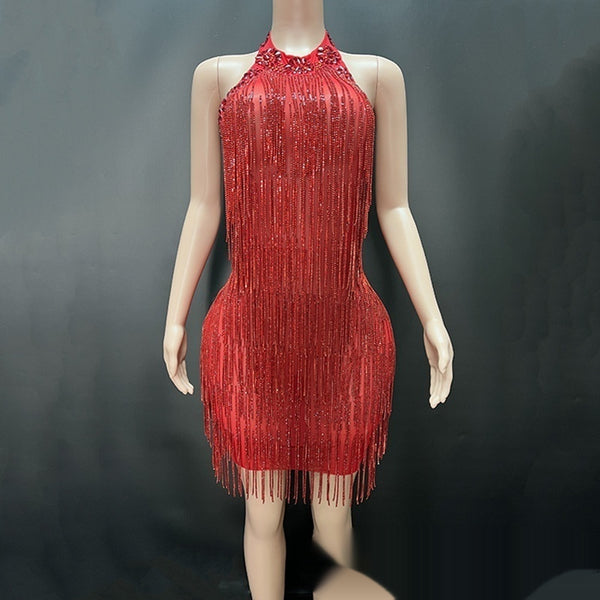 Vestido de Vacaciones Espalda Descubierta con Detalles de Diamantes
