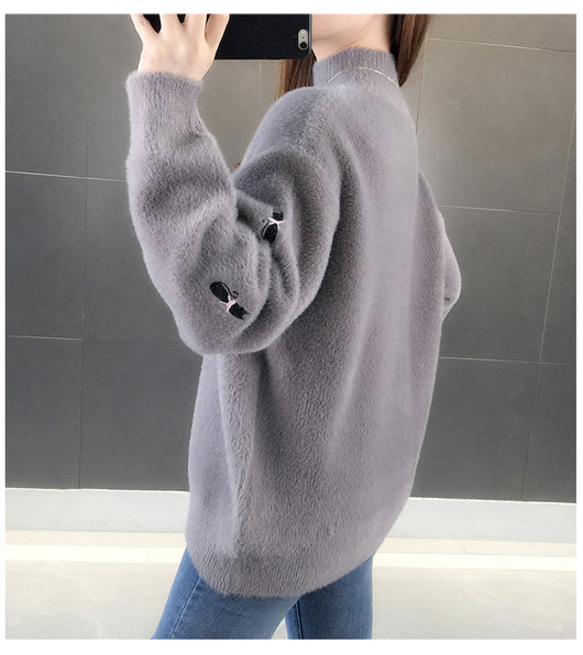 Suéter Cuello Alto Medio de Terciopelo Visón - Top Suelto Bordado para Mujer - Image 4