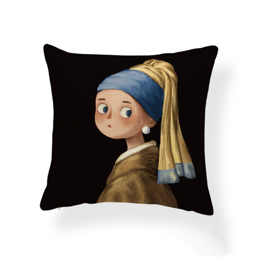 Funda de Almohada Estampada Niña Caricatura Cojín Pintura al Óleo Tela Mixta - Image 4