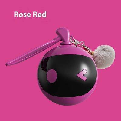 Rose red and black spherical cat toy with a grey pom-pom and suction cup base for self-play. - Image 7
