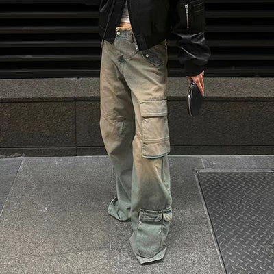 Jeans Sueltos Tiro Bajo Efecto Desgastado con Bolsillos y Costuras Decorativas - Image 12