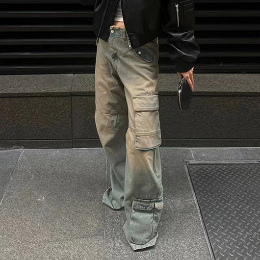 Jeans Sueltos Tiro Bajo Efecto Desgastado con Bolsillos y Costuras Decorativas - Image 12
