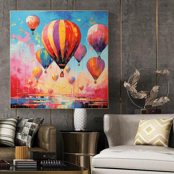 Cuadro Decorativo Pintura al Óleo Globo Aerostático Romántico para Sala de Estar