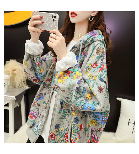 Sudadera Hoodie Mujer Talla Grande Terciopelo Estampado Floral - Image 5