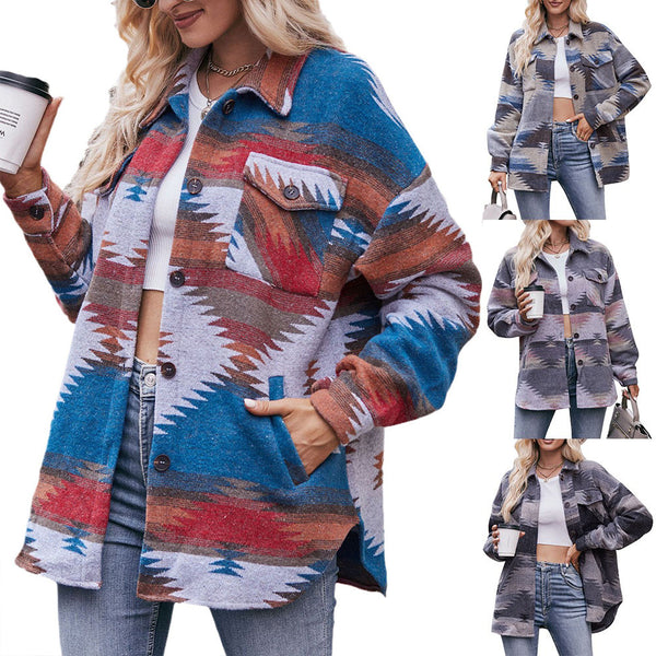 Abrigo Camisero Geométrico con Cuello Alzado y Bolsillos para Mujer