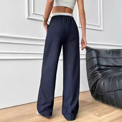 Pantalón Casual de Cintura Alta con Rayas Verticales y Contraste de Colores - Image 4