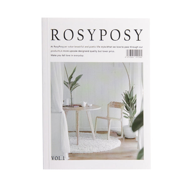 White RosyPosy magazine sticker with a minimalist interior design print featuring a table, chair, and plants. - Image 2