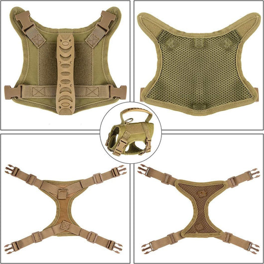 Black tactical pet harness made of Oxford cloth with an American flag patch, top handle, and quick-release buckles. - Image 14