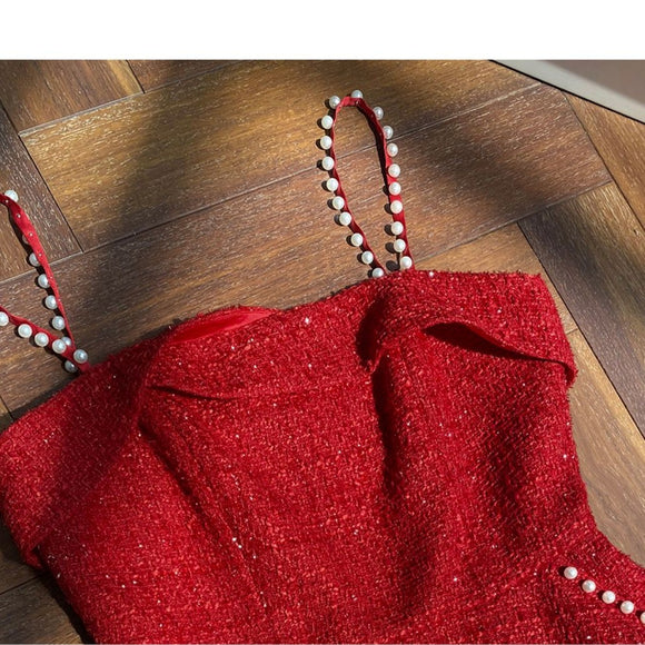 Vestido Tweed Perla con Tirante Retro para Mujer