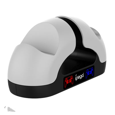 White and black dual charging dock for PS5 gamepads with contact-type charging and illuminated controller icons. - Image 3