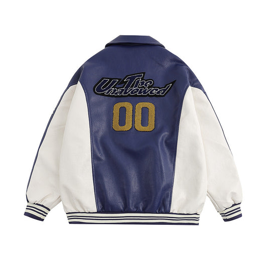 Chaqueta Universitaria Retro PU Bordada Suelta para Hombre - Image 11