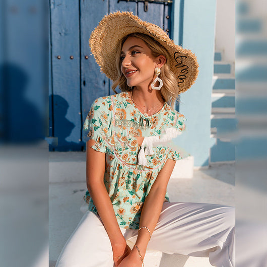Blusa Casual para Mujer con Encaje Estampado y Flecos - Image 11
