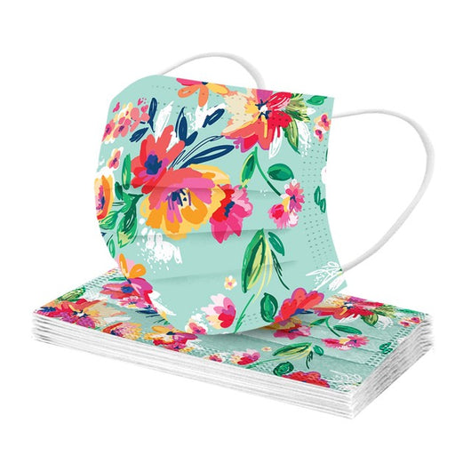 Stack of disposable facial masks with a watercolor floral pattern of red, pink, and orange roses and green leaves. - Image 21