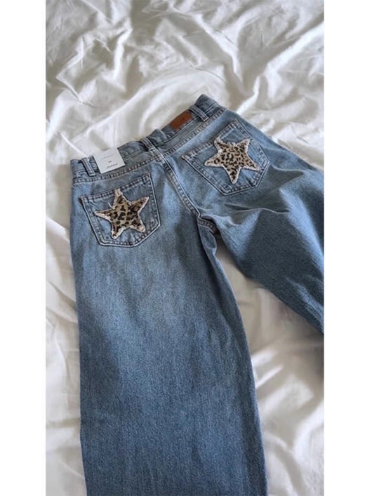 Jeans Vintage Americana con Estampado de Leopardo y Estrellas Bordadas - Image 3
