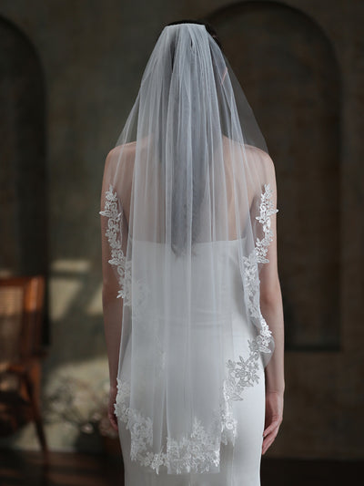 Velo de Novia Elegante Encaje Blanco Monocapa Europeo - Image 12