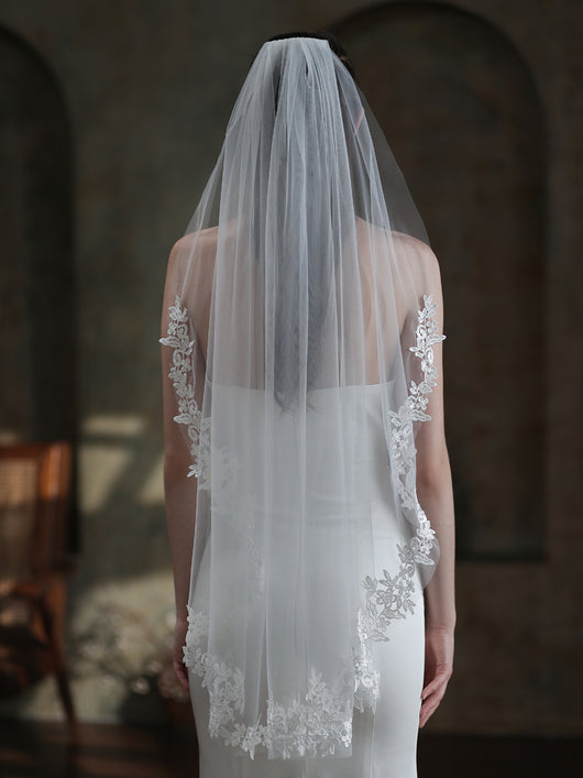 Velo de Novia Elegante Encaje Blanco Monocapa Europeo - Image 12