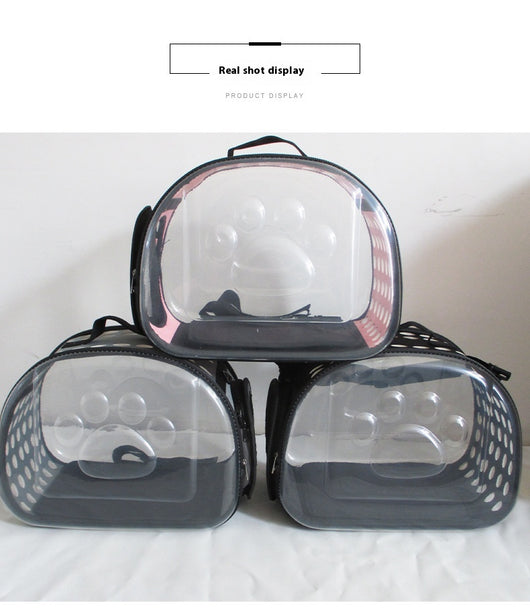 Gray and black pet carrier with a clear bubble window featuring paw prints and a mesh side for ventilation. - Image 26