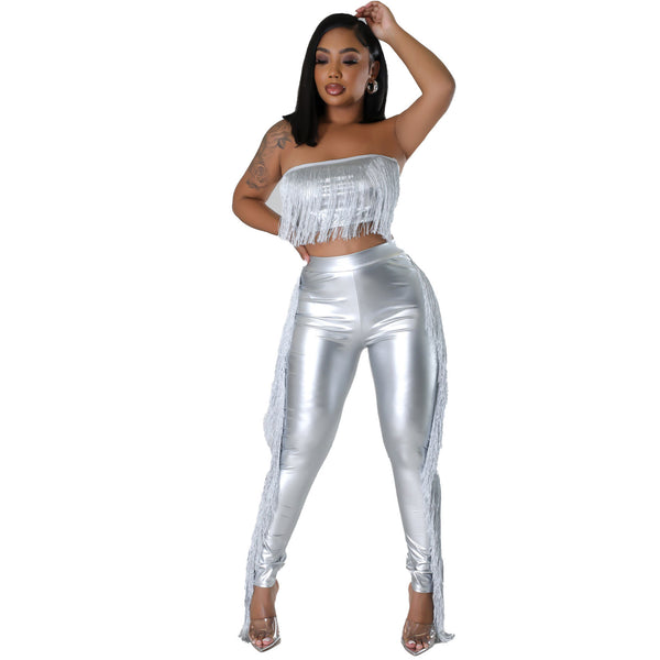 Conjunto de Dos Piezas con Flecos - Pantalón Ajustado Bandeau para Fiesta - Image 3