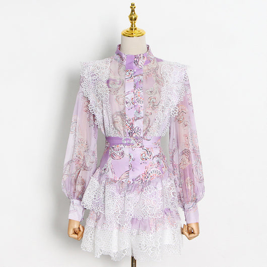 Conjunto Falda y Blusa Primavera con Cuello Elevado y Mangas Linterna - Image 9