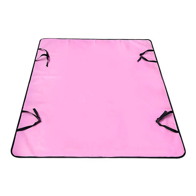Pink car pet mat with white paw print and bone patterns, featuring black straps for securing to a rear seat. - Image 14