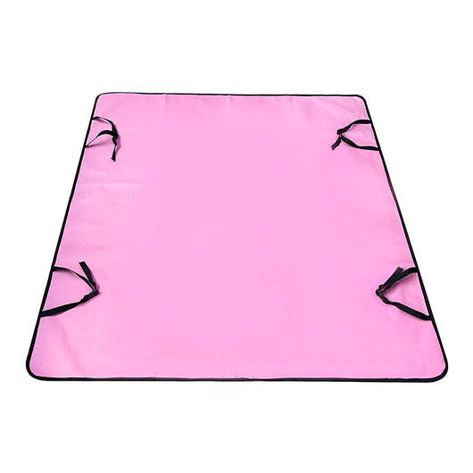 Pink car pet mat with white paw print and bone patterns, featuring black straps for securing to a rear seat. - Image 14