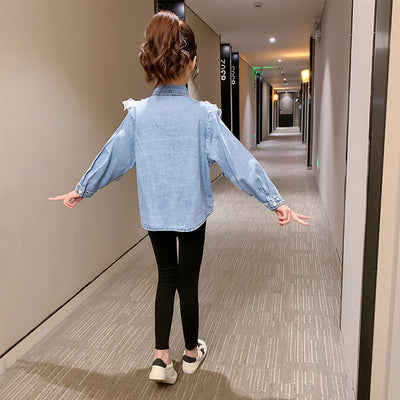 Blusa Infantil Elegante de Manga Larga con Cuello Solapa y Encaje - Image 3