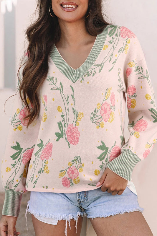 Suéter Holgado con Escote en V, Rayas y Estampado Floral - Image 2