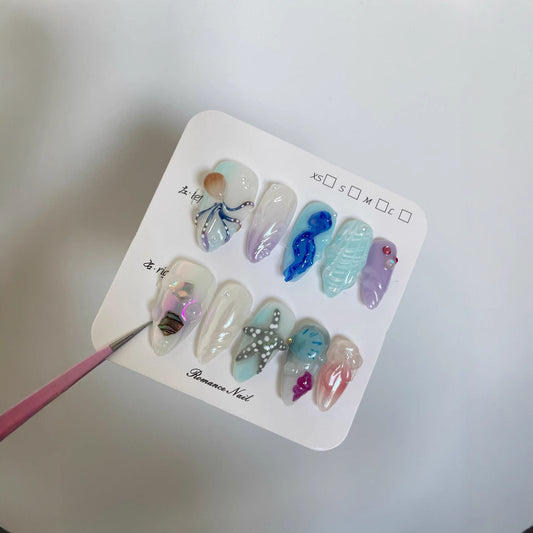 Uñas Postizas Artesanales Mundo Submarino Feliz Blanco - Manicura Larga Avanzada - Image 2